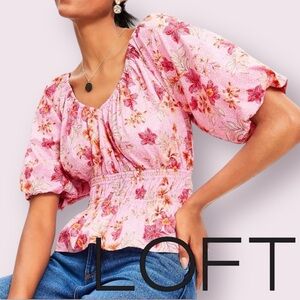 LOFT Lily Pink Floral V-Neck Puff Sleeve Gathered Waist Blouse XL Cottagecore